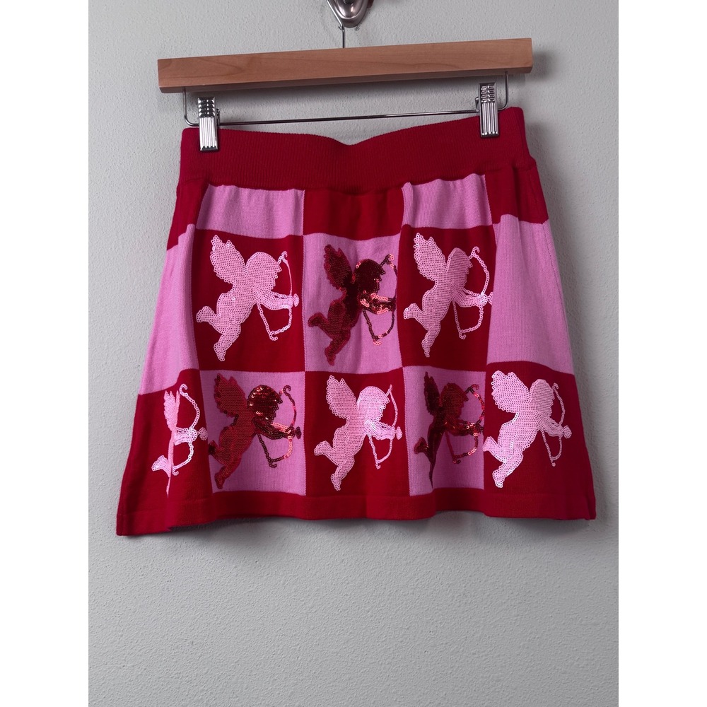Queen of Sparkles Red Pink Sequin Cupid Cherub Knit Mini Skirt XS Valentine